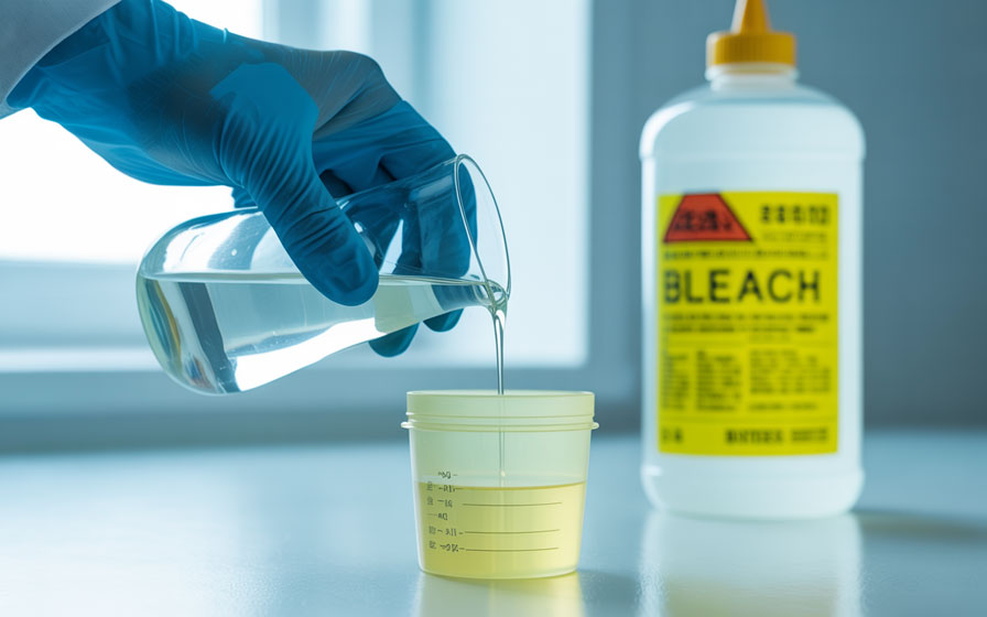 Mixing bleach in urine, showing a small amount of bleach being mixed into urine in a specimen jar Mixing bleach in urine, showing a small amount of bleach being mixed into urine in a specimen jar